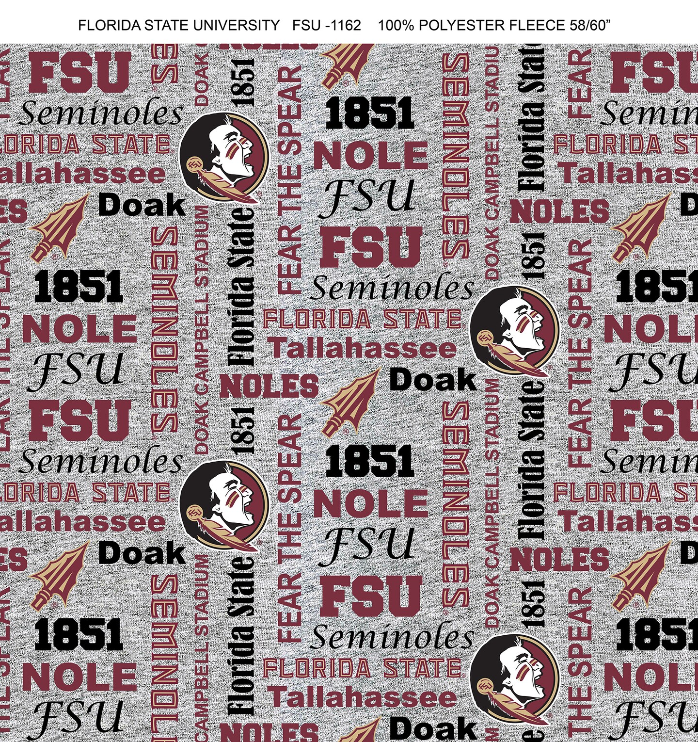 Sykel Enterprises-Florida State University Fleece Fabric-FSU Seminoles Heather Verbiage Fleece Blanket Fabric-Sold by the yard