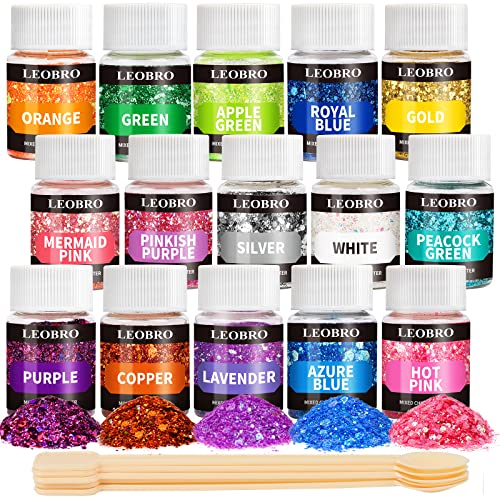 LEOBRO Holographic Chunky Glitter, 15 Colors Craft Glitter for Resin, with 5PCS Mixing Spoon, Cosmetic Glitter for Nail Body Eye Face, Resin Glitter Flakes Sequins for Tumbler Jewelry Crafts Making
