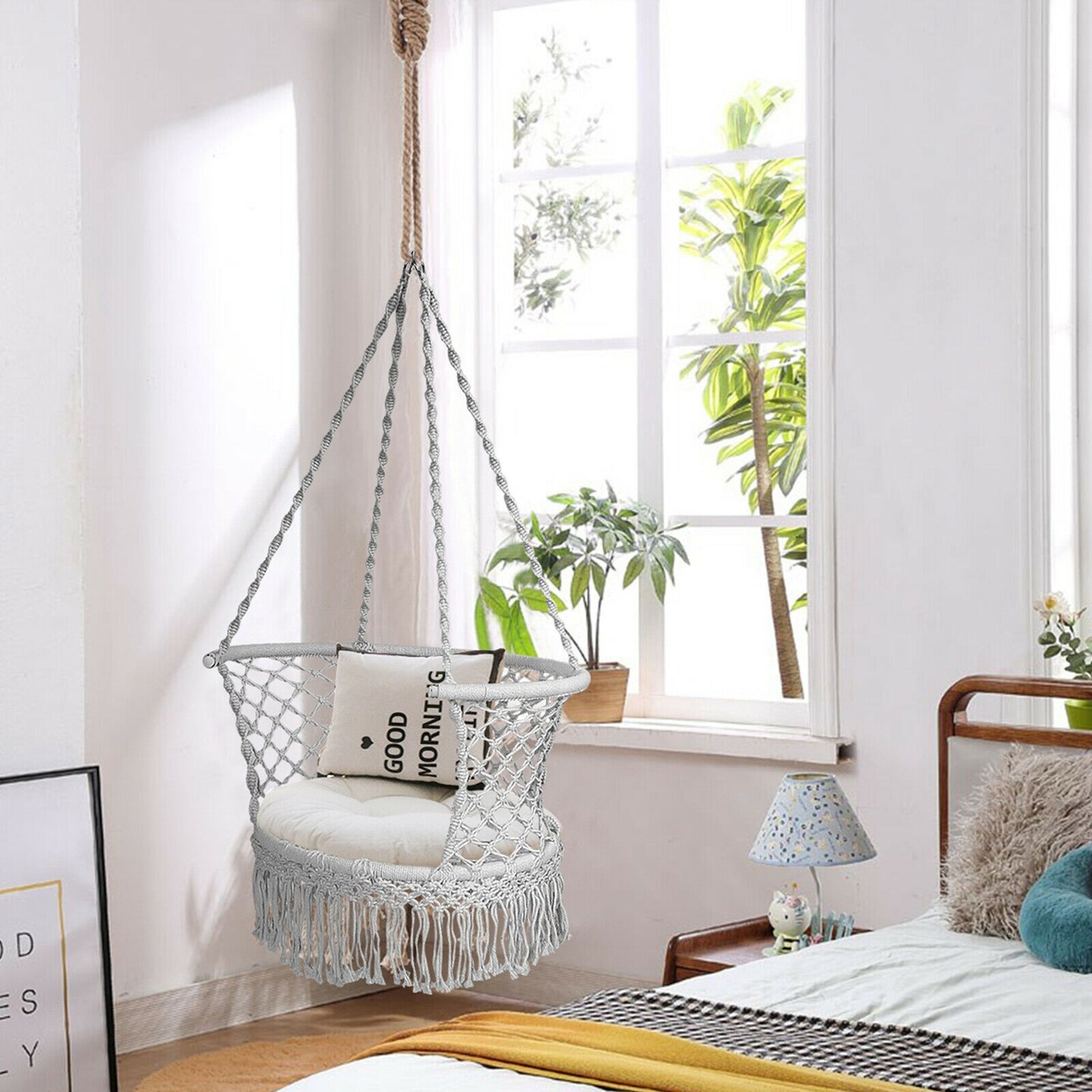 Hanging Hammock Chair Macrame Swing Hand Woven Cotton Backrest