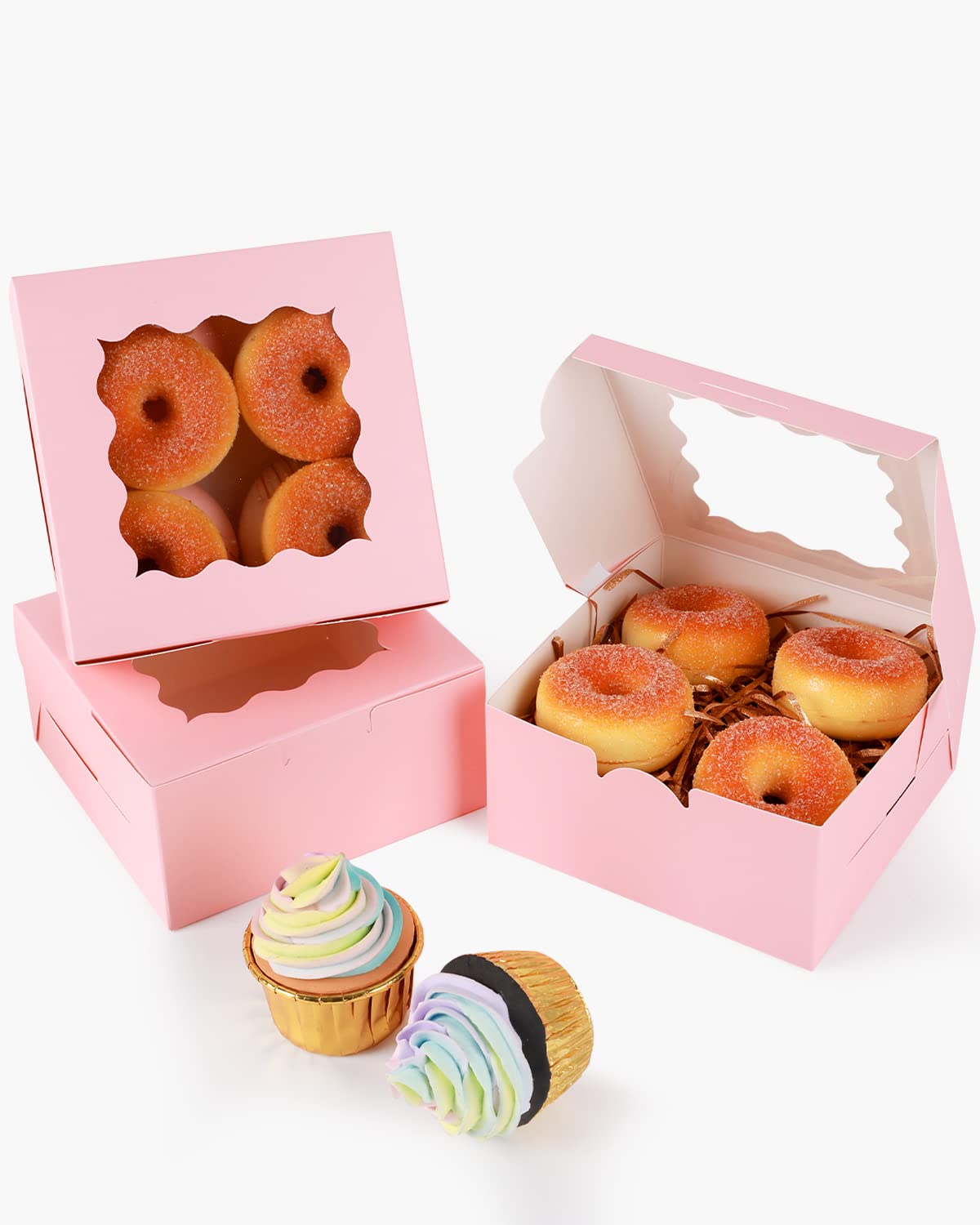 60 Pieces Pink Bakery Box with Window  6x6x3 Pink Cookie Boxes Pastry Box for Wedding Favor Birthday &#xFF06; Party