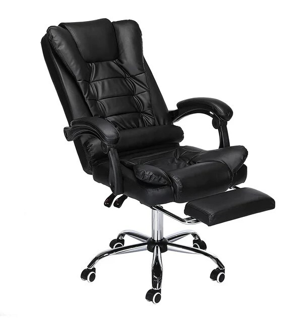 Large and tall executive leather chair with adjustable backrest and wheels for an ergonomic computer desk Black Footrest with Lumbar Support for Home Office