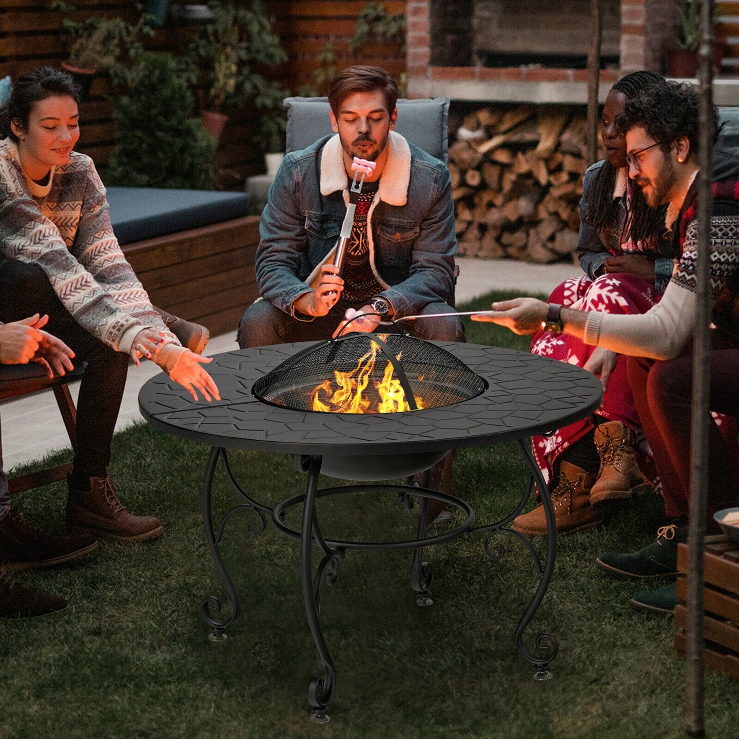 Black 35.5" Wood Burning Fire Pit Dining Table with BBQ Grill