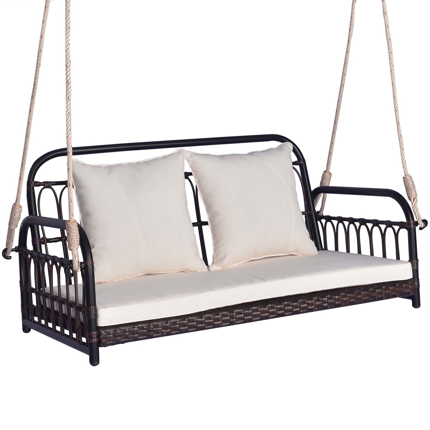 Costway Patio Swing Chair 2-Person Hanging Seat Outdoor Wicker Loveseat Cushioned Porch