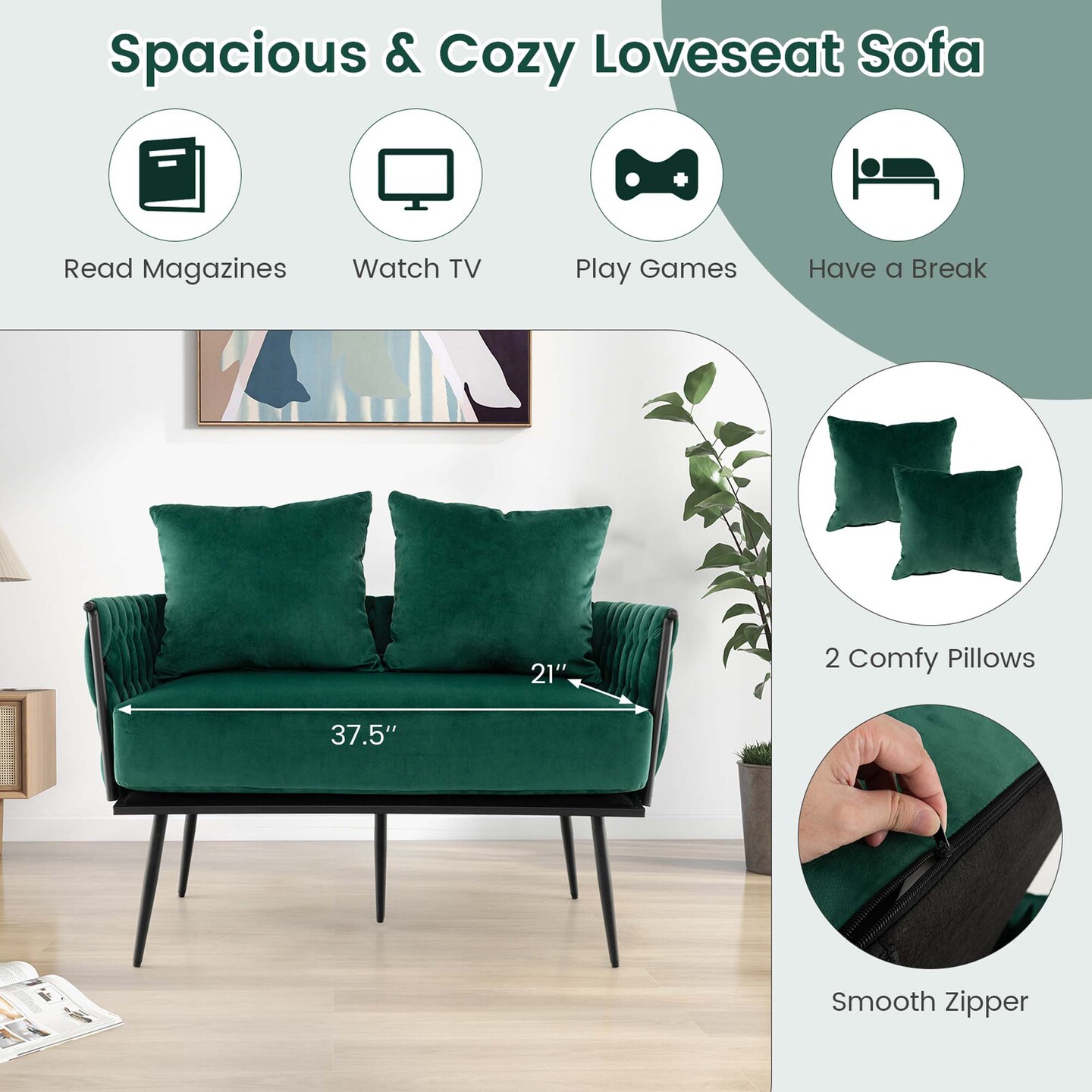 Costway Modern Loveseat Sofa Upholstered Dutch Velvet Couch with Woven Back &#x26; Arms Green/Grey