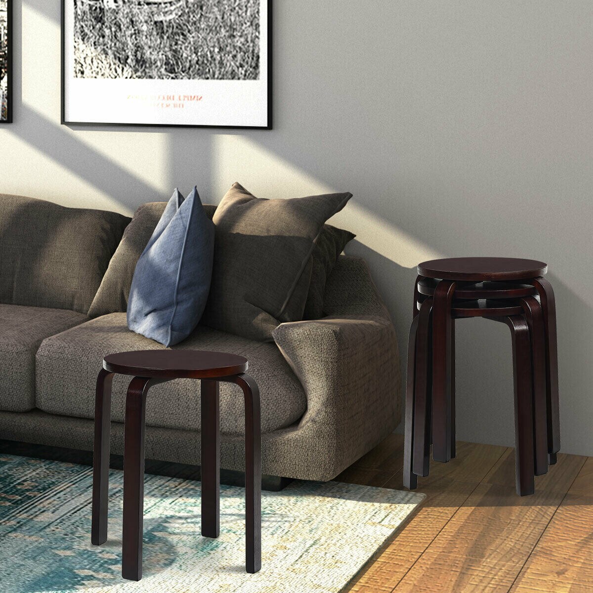 Set of 4 Wood Home Backless Dining Chairs