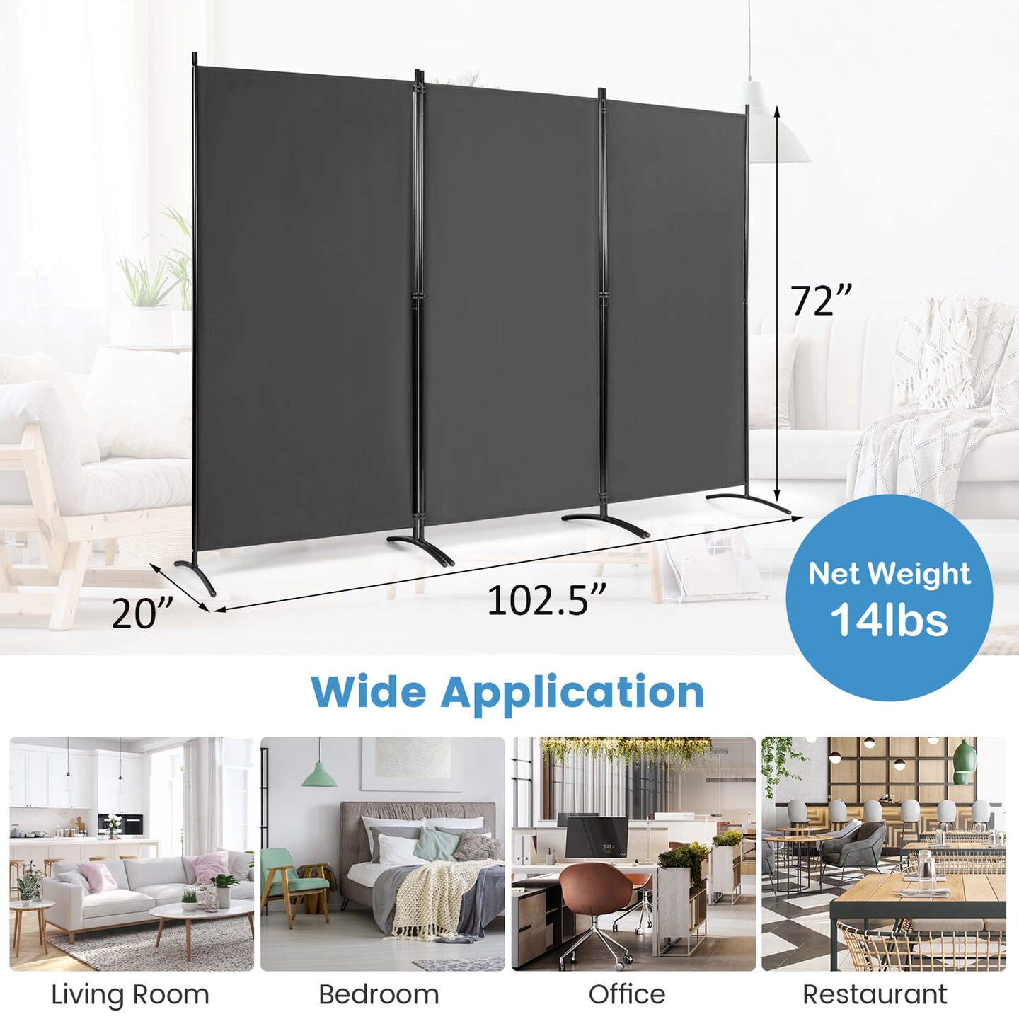 Costway 3-Panel Room Divider Folding Privacy Partition Screen for Office Room White\Black\Brown