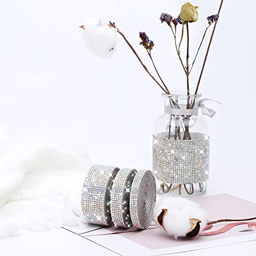 3 Rolls 6.6 Yards Self-Adhesive Crystal Rhinestone Diamond Ribbon - DIY Diamond Ribbon Stickers with 2 mm Rhinestones for Arts Crafts,Bling Ribbon Rolls for Vases,Car,Wedding Cake Decoration(AB Color)