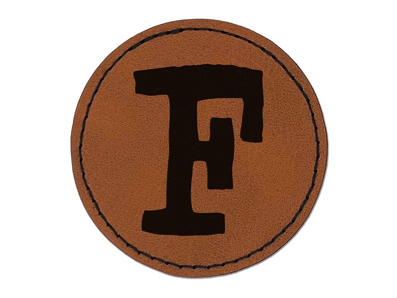 Letter F Uppercase Cute Typewriter Font Round Iron-On Engraved Faux Leather Patch Applique - 2.5&#x22;