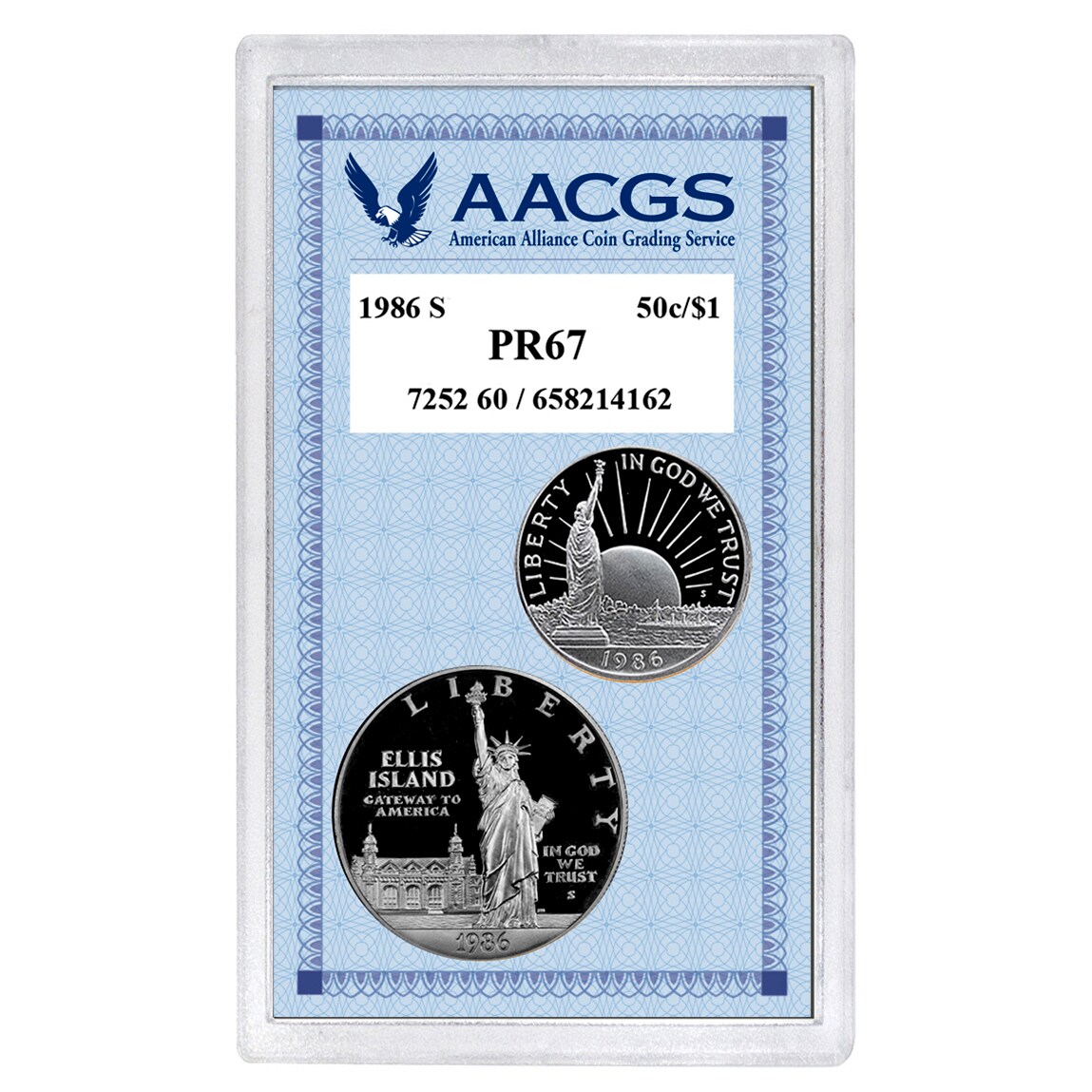 Proof 1986S Statue of Liberty Centenial Commemorative Half Dollar and Proof 1986 Statue of Liberty Centennial Commemorative Silver Dollar both graded PR67