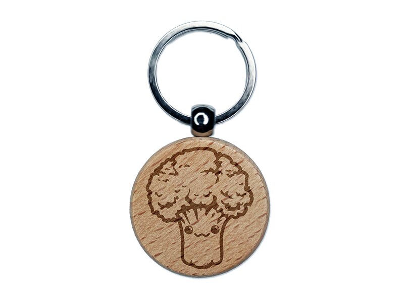 Cute Kawaii Broccoli Vegetable Engraved Wood Round Keychain Tag Charm