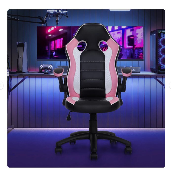 Black/pink PU leather computer gaming office chair with flip-up arms that works as a working desk seat