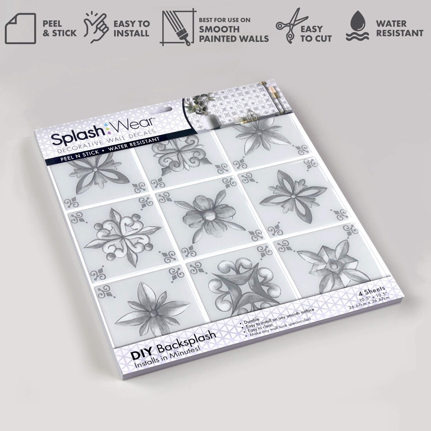 4-Pack Peel and Stick Tiles 10.5&#x22; x 10.5&#x22; Painted Floral Mosaic Print. Covers 3.06 Sq. Ft