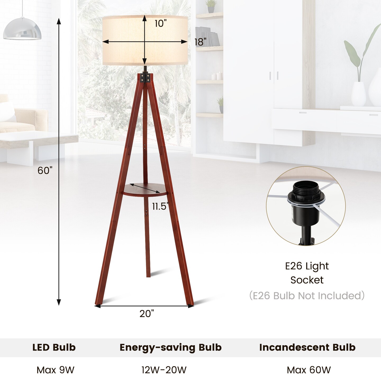Brown Rubber Wood Linen Tripod Floor Lamp with Shelf and E26 Socket for Living Room and Bedroom