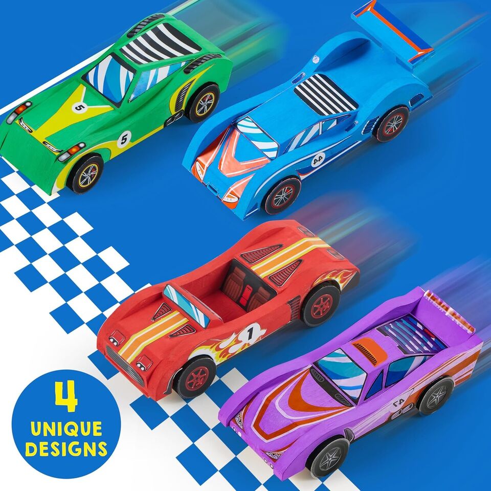 4 DIY Wooden Race Cars-Build & Paint Your Own Wood Craft Kit Gifts.