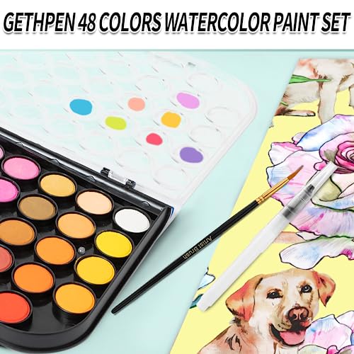 Watercolor Paint Set, 48 Colors Non-toxic Watercolor Paint with a Brush Refillable a Water Brush Pen and Palette, Washable Water Color Paints Sets for Kids Adults