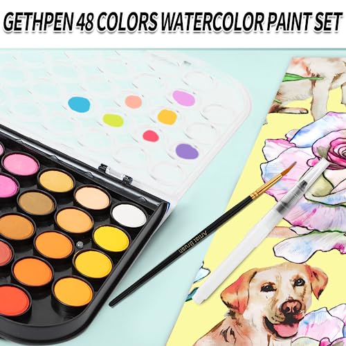 Watercolor Paint Set, 48 Colors Non-toxic Watercolor Paint with a Brush Refillable a Water Brush Pen and Palette, Washable Water Color Paints Sets for Kids Adults