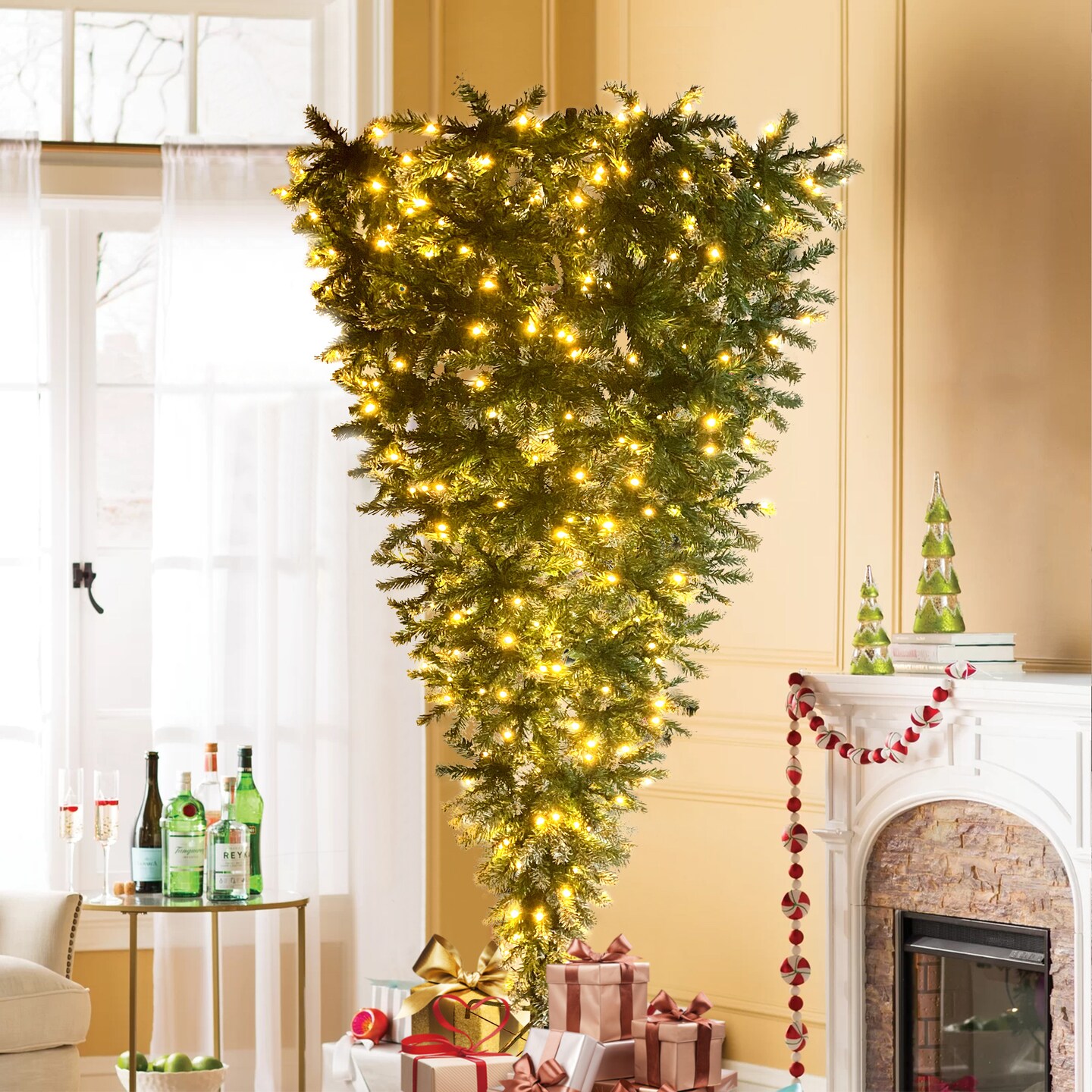 Upside Down Green Christmas Tree, Xmas Tree with LED Warm White Lights, Green leaves with part spraying White, Reinforced Metal Base &#x26; Easy Assembly 7.4ft X-mas