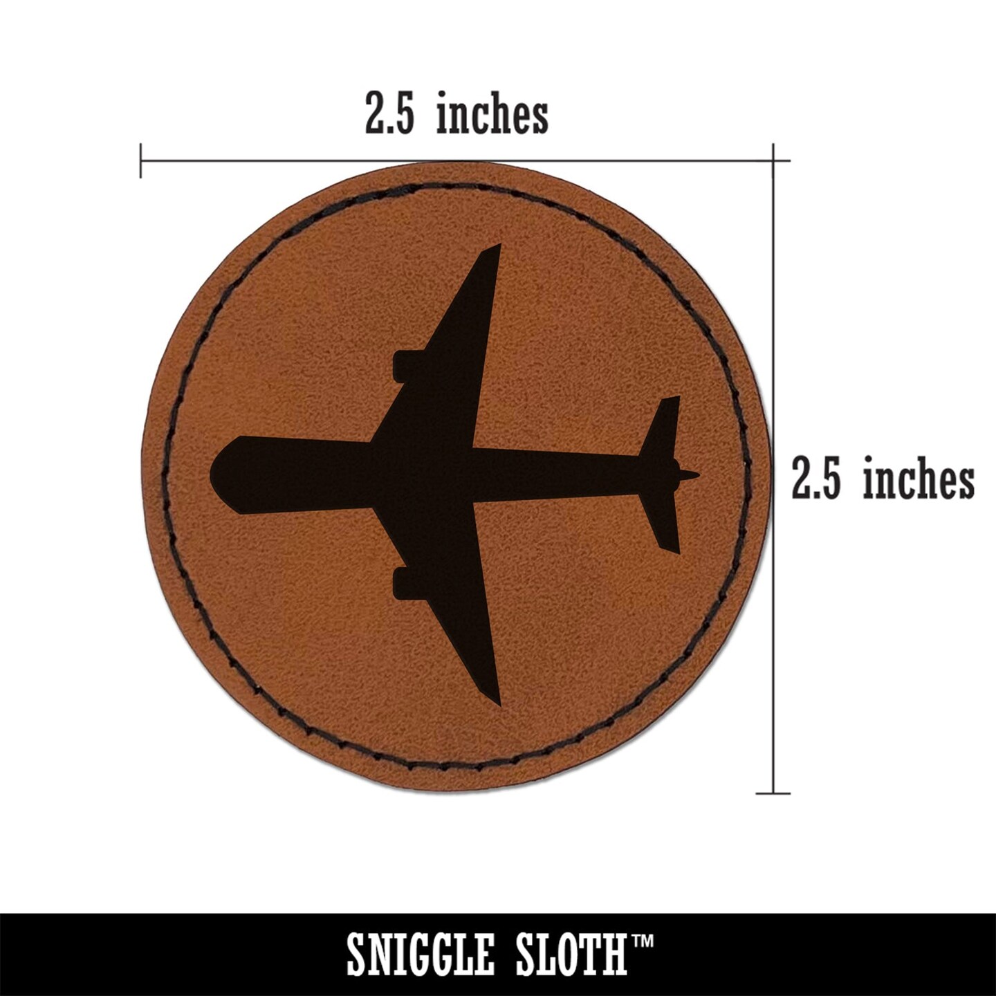 Airplane Solid Vacation Round Iron-On Engraved Faux Leather Patch Applique - 2.5&#x22;