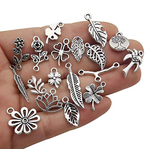 100 Pieces Mix Silver Tree Flower Charms Collection, Bulk Mini Small Little Charms Metal Pendant Craft Supplies Findings for Necklace and Bracelet Jewelry Making (HM291)