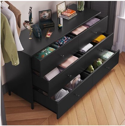 6 Drawer Bedroom Dresser, Wood Double Dresser with Steel Frame, Bedroom Chest of Drawers, Storage Organiser Unit for Closet, Living Room and Hallway