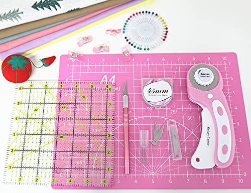 39 Pcs Rotary Cutter Set Pink - Quilting Kit incl. 45mm Fabric Cutter with 5 Extra Blades, A4 Cutting Mat, Craft Knife Set, Quilting Ruler and Sewing Clips, Ideal for Crafting, Sewing, Patchworking