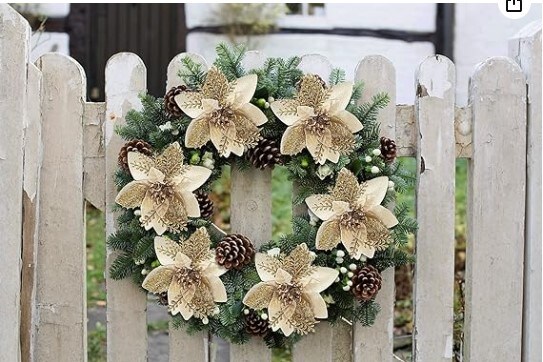 Glitter Poinsettia Christmas Tree Ornaments 10PCS,Artificial Poinsettia Flowers 6&#x22; Wide Xmas Tree Ornaments for Xmas Tree Wreaths Garland Wedding Decorations for the Holiday Season (Gold)