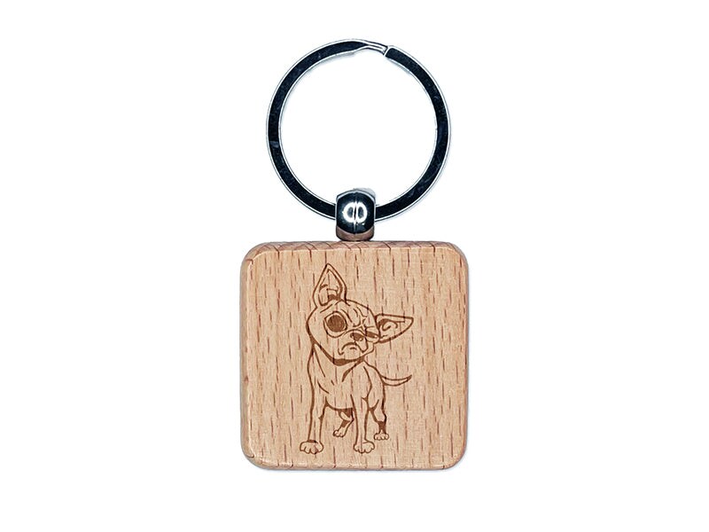 Suspicious Chihuahua Dog Engraved Wood Square Keychain Tag Charm