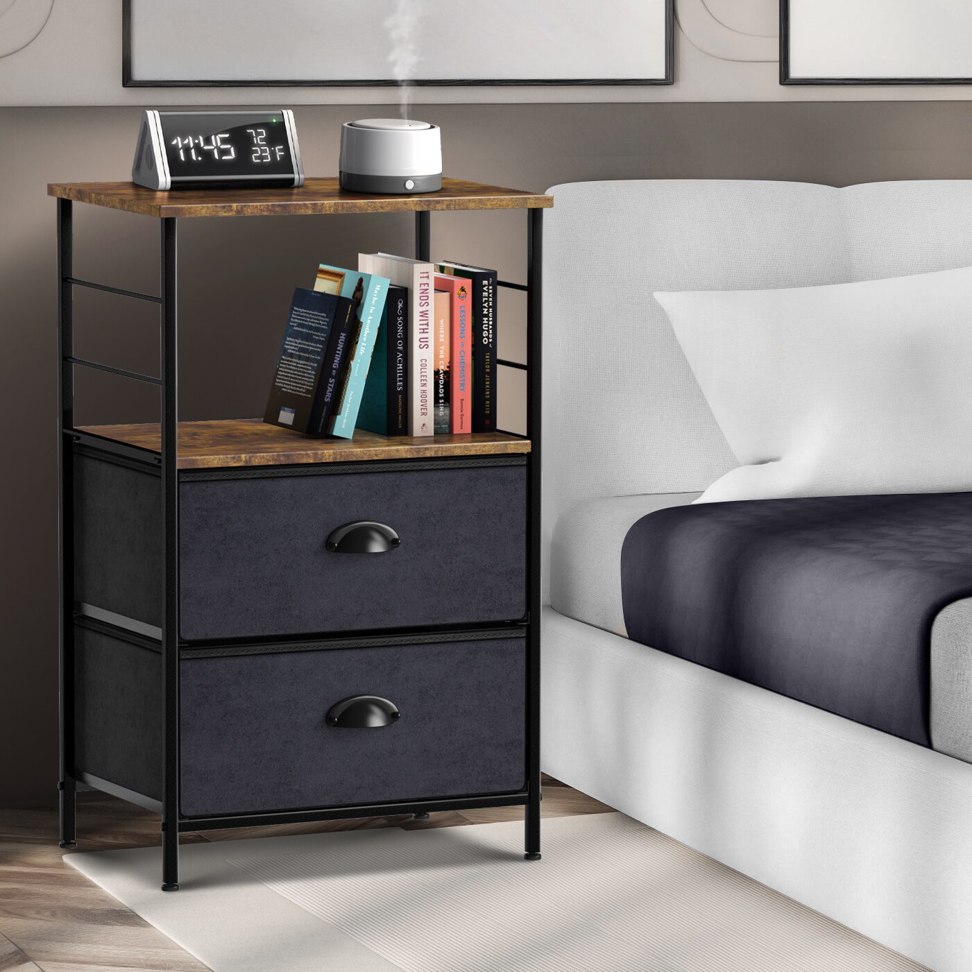 Sorbus Nightstand 2-Drawer Shelf Storage - Bedside Furniture &#x26; End Table Chest Dresser with Steel Frame, Wood Top &#x26; Easy Pull Fabric Bins for Home, Bedroom, Closets, Bathroom, Office &#x26; College Dorm