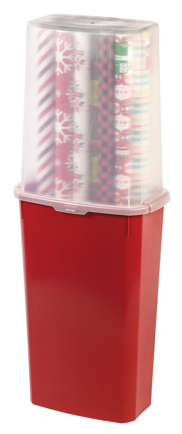 IRIS USA 40 20 Rolls Wrapping Paper Storage Container, Clear/Red