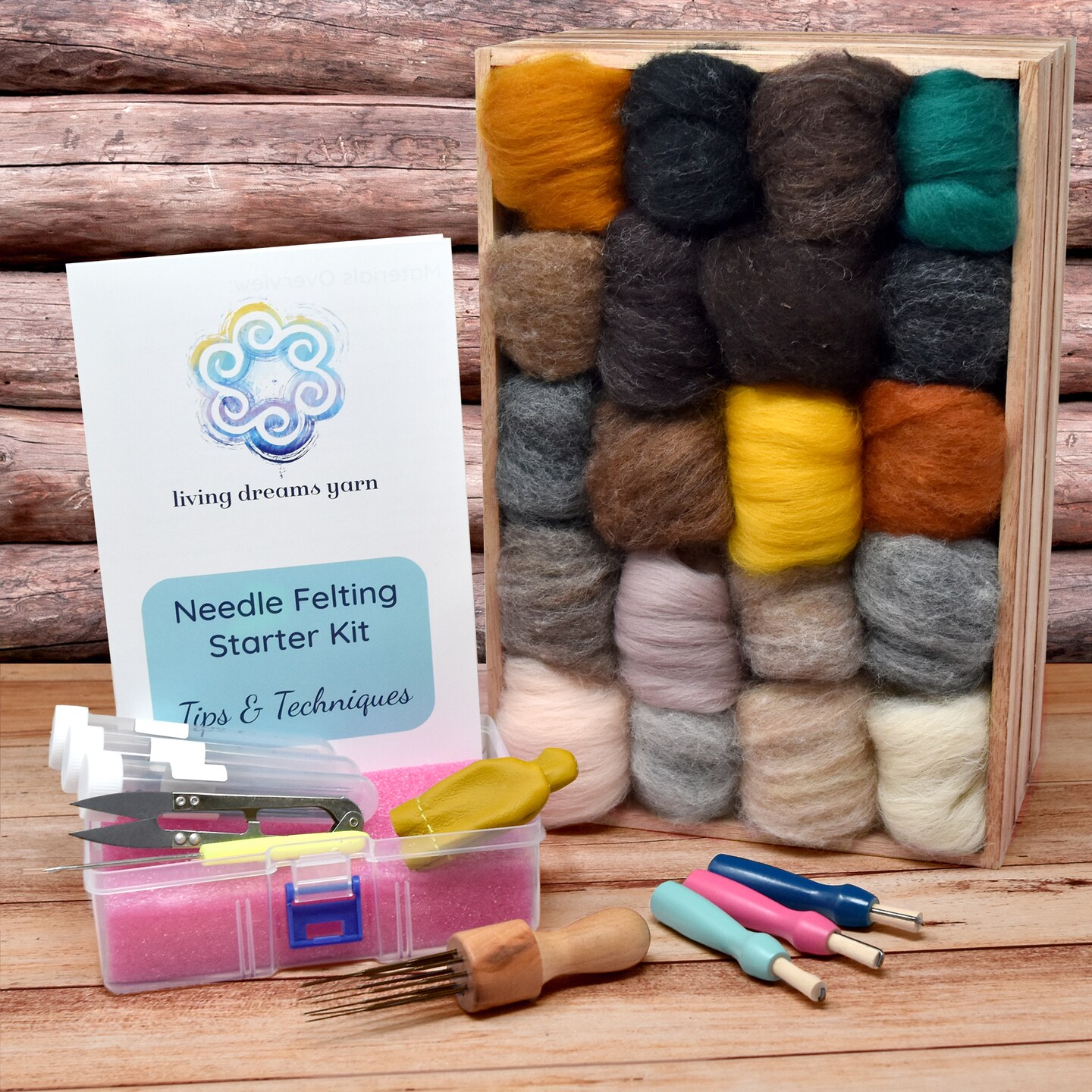 Living Dreams Premium Needle Felting Starter Kit Includes 20 Critter Colored Wool, 50 Needles and Tools, Text and Video Guide. Craft Kit for Beginners, Kids and Adults