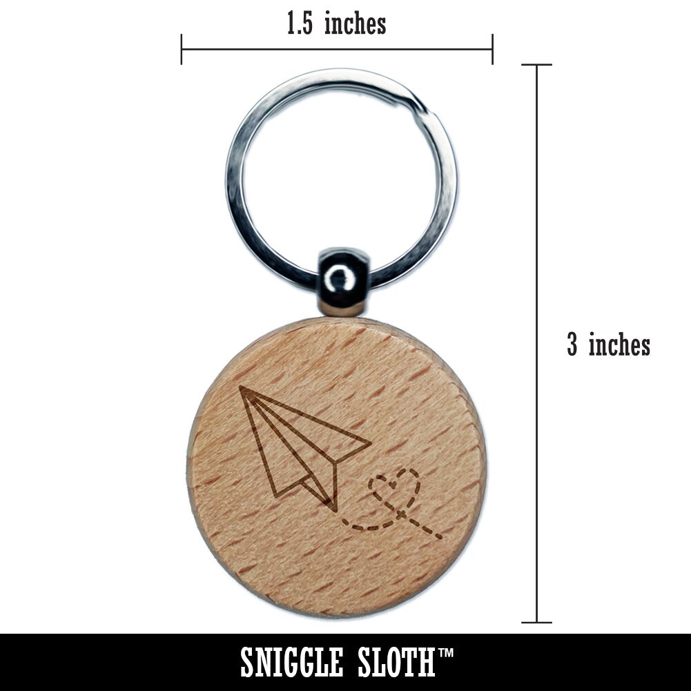 Paper Airplane with Heart Engraved Wood Round Keychain Tag Charm