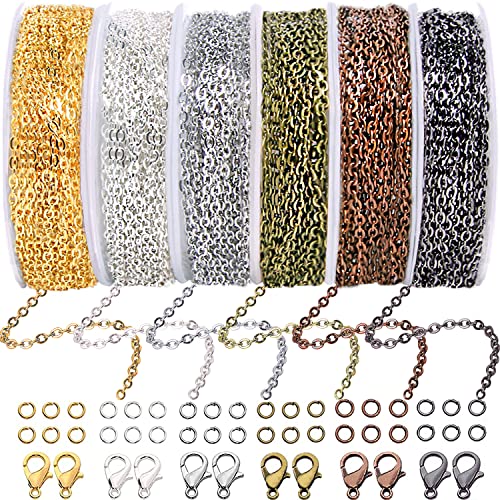  Jishi Chains Jewelry Making Supplies, 60ft Cable Link Chains  for Making Jewelry Necklace Earring Bracelet Findings DIY Craft Kit for  Adults, 6-Color 2mm Gold Silver Copper Plated Metal Link Rolls Bulk 