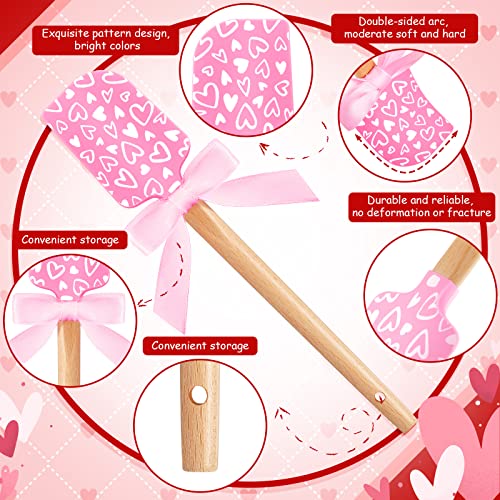 3 Pieces Valentine&#x27;s Day Silicone Spatulas with Wooden Handles Valentine Pattern Heat Resistant Baking Spatulas Silicone Spatulas with Pink Satin Ribbon Bows for Baking, Cooking and Sauteing