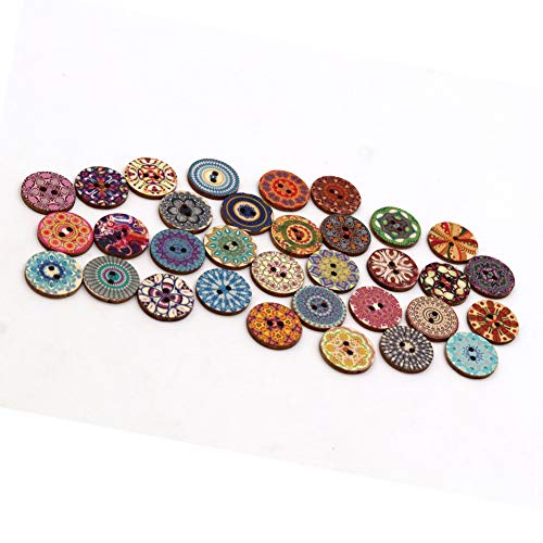 100 Pieces Mixed Random Flower Painting Round 2 Holes Wood Wooden Buttons for Sewing Crafting 20mm