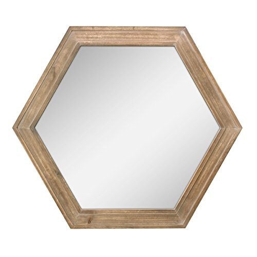 Decorative 24" Hexagon Hanging Wall Mirror with Natural Wood Frame and Attached Hanging Bracket, Rustic Farmhouse Decor for the Living Room, Bathroom, Bedroom, and Entryway Brown