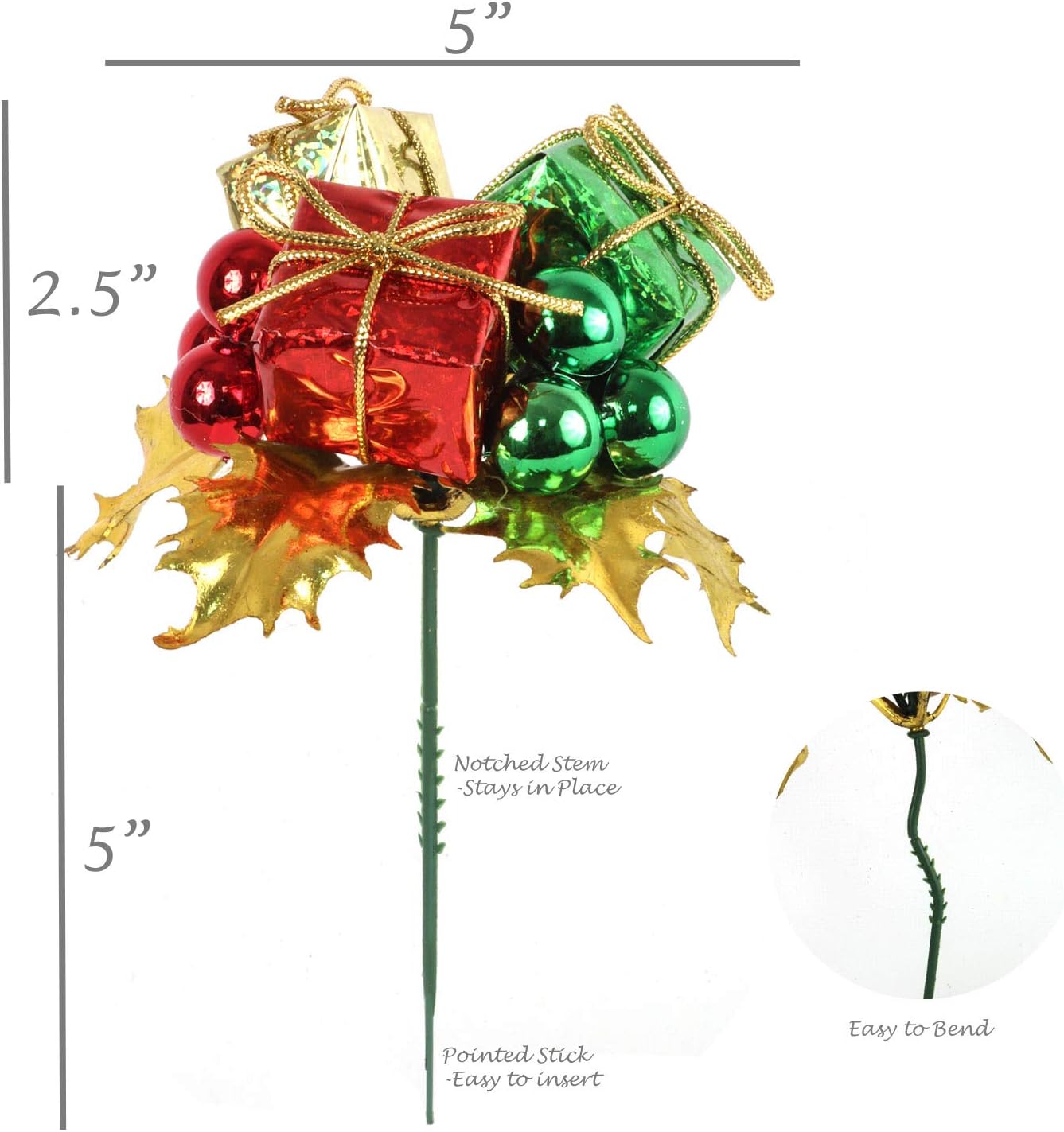 Set of 12: Holly Picks with Assorted Colored Gift Boxes &#x26; Ornament Balls | Festive Holiday Decor | Trees, Wreaths, &#x26; Garlands | Christmas Picks | Home &#x26; Office Decor, Floral Home by Artificial Flowers