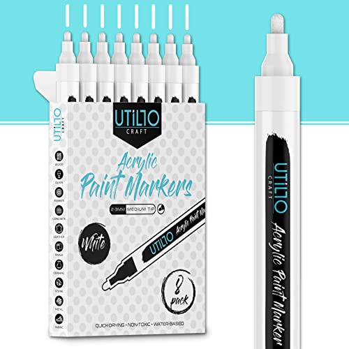 8 Pack White Paint Marker 2-3mm Medium Tip - Perfect for Fabrics and Touch-Ups! | Bold Color+100% Coverage | For Stone, Wood, Glass, Canvas, Metal, etc. | White Paint Pens | White Acrylic Paint Pens