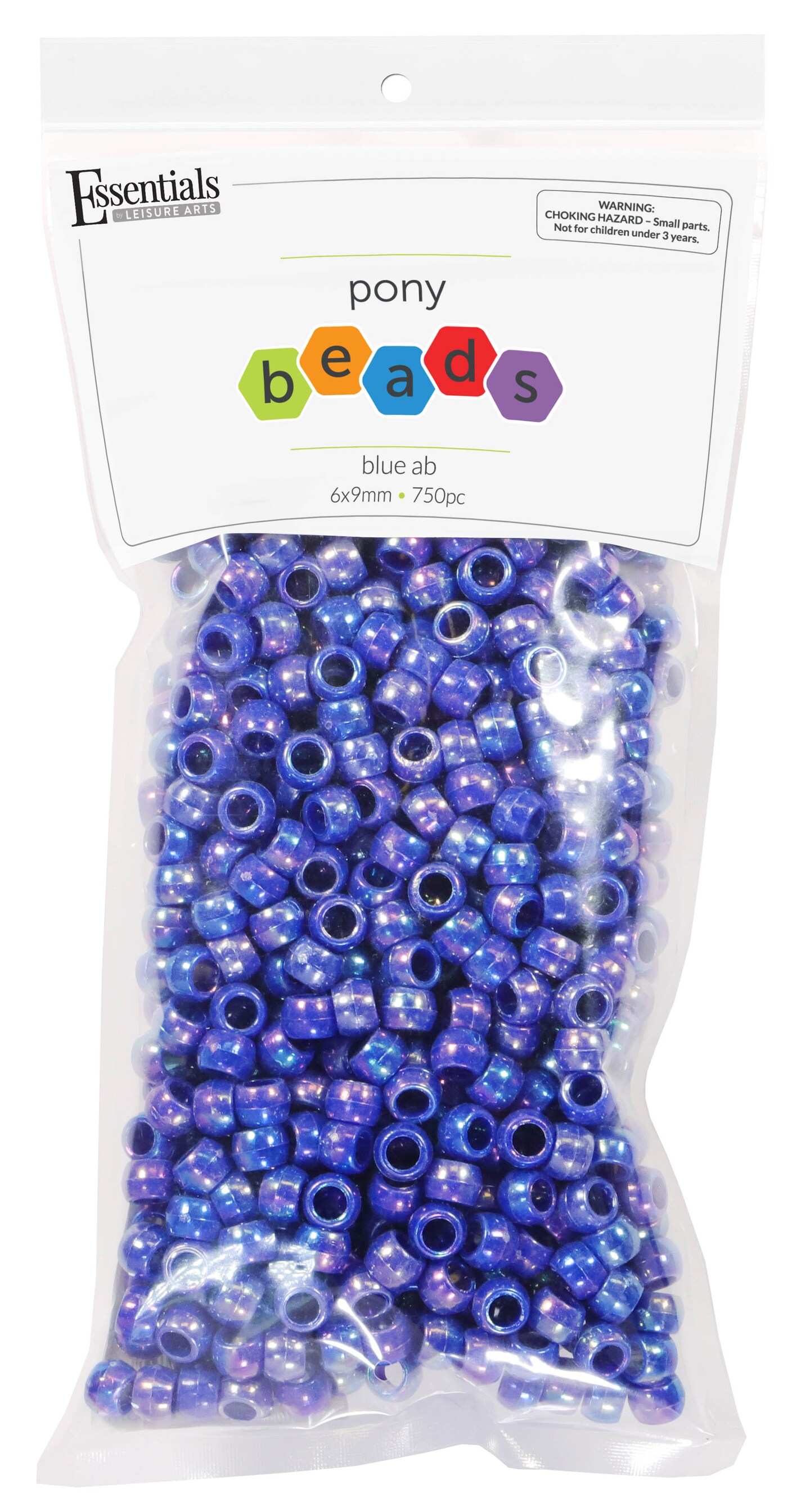Essentials by Leisure Arts Pony Bead 6mm x 9mm Aurora Borealis Blue Opaque Plastic Pony Beads Bulk 750 pieces for Arts, Crafts, Bracelet, Necklace, Jewelry Making, Earring, Hair Braiding