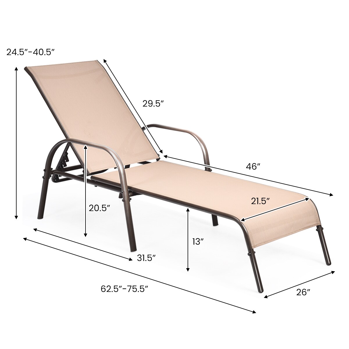 Adjustable Patio Chaise Lounge Chair Steel Frame 5 Position Recliner
