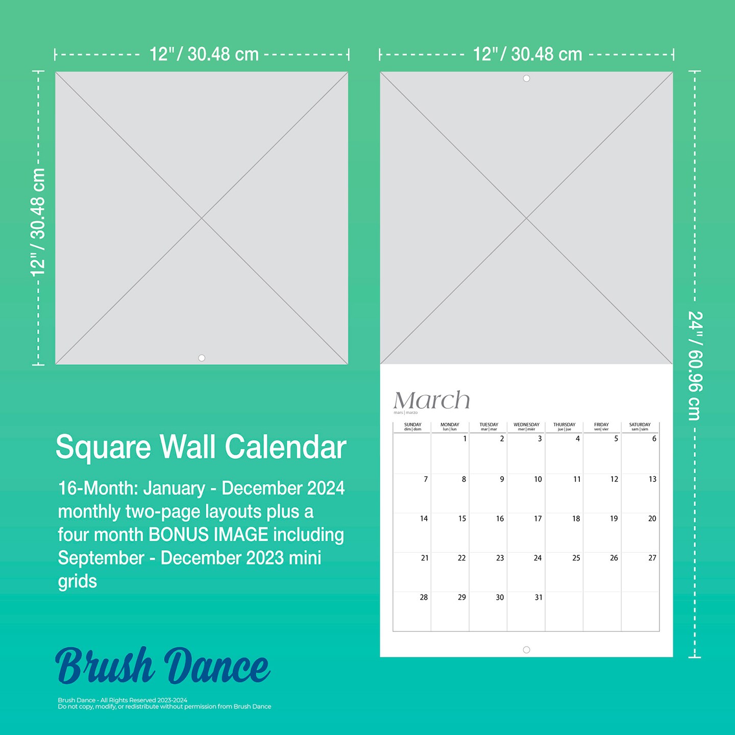 Live Boldly | 2024 12 x 24 Inch Monthly Square Wall Calendar | Brush Dance | Artwork Calligraphy