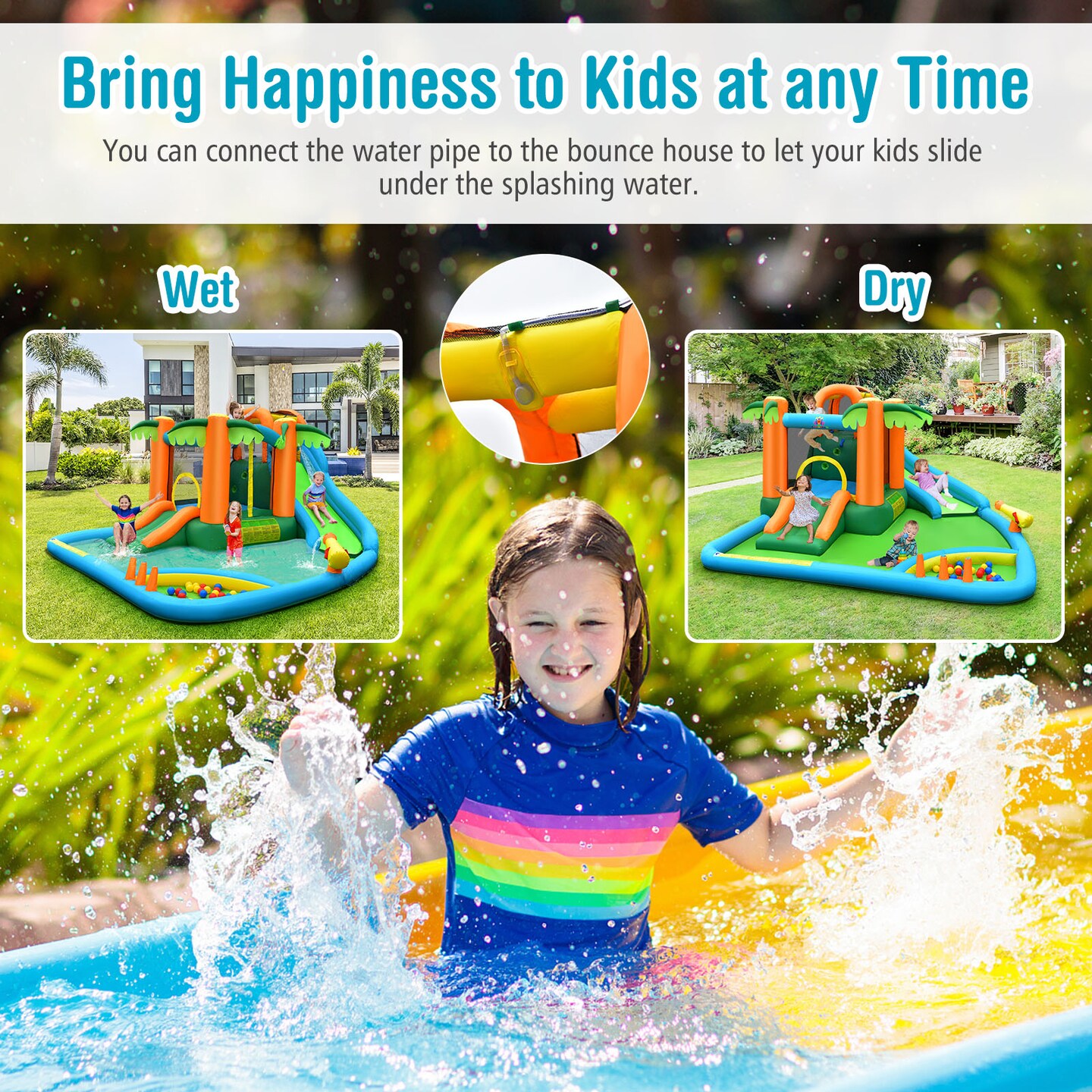 Kids Inflatable Water Slide with Coconut Palm Design Splash Pool and Tunnel Green Orange