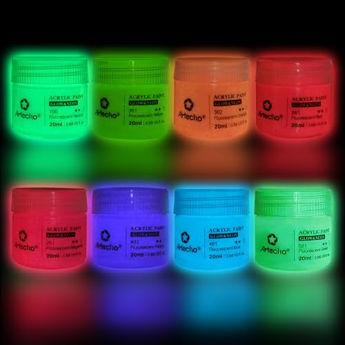 Artecho Glow in the Dark Paint - Set of 8 Colors, 20 ml / 0.7 oz Acrylic Paint for Decoration, Art Painting, Outdoor and Indoor Art Craft, Supplies for Canvas, Rock, Wood, Waterproof, Rich Pigments for Adults, Students, Kids