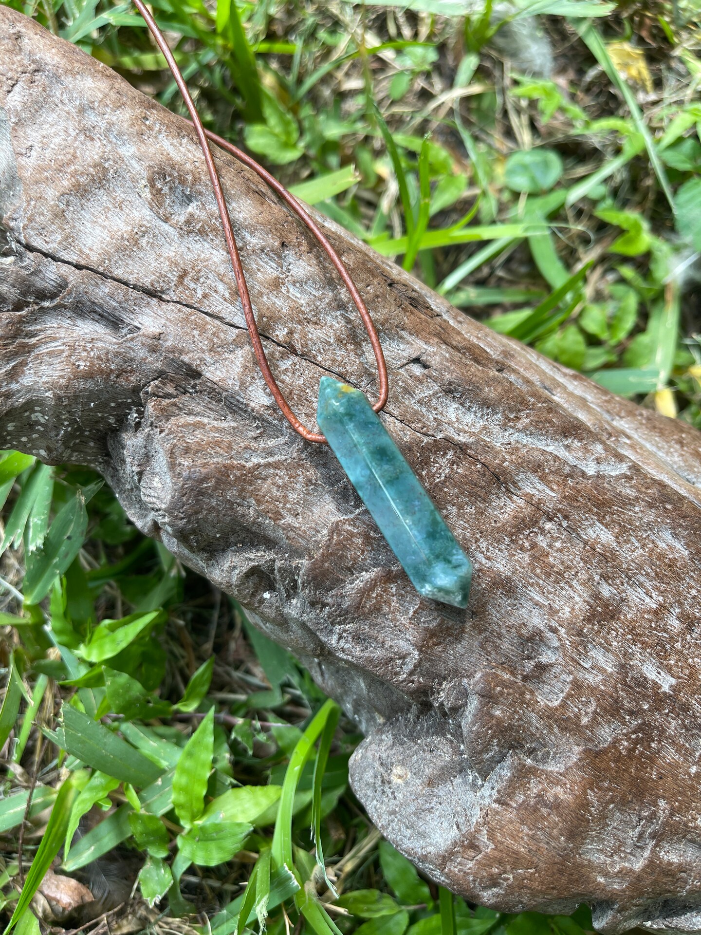 Natural Cut Green Moss Agate Crystal Point Pendant On Rustic Brown