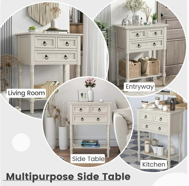 Beige Console Entryway Table with 3 Drawers and an Open Shelf for Hallway Living Room