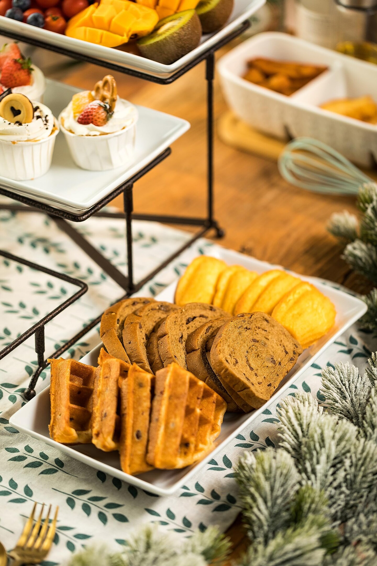 3 Tier Serving Stand Collapsible Sturdier Rack with 3 Porcelain Serving Platters Tier Serving Trays for Fruit Dessert Presentation Thanksgiving Christmas Party Display Set, 12 Inch, Bronze