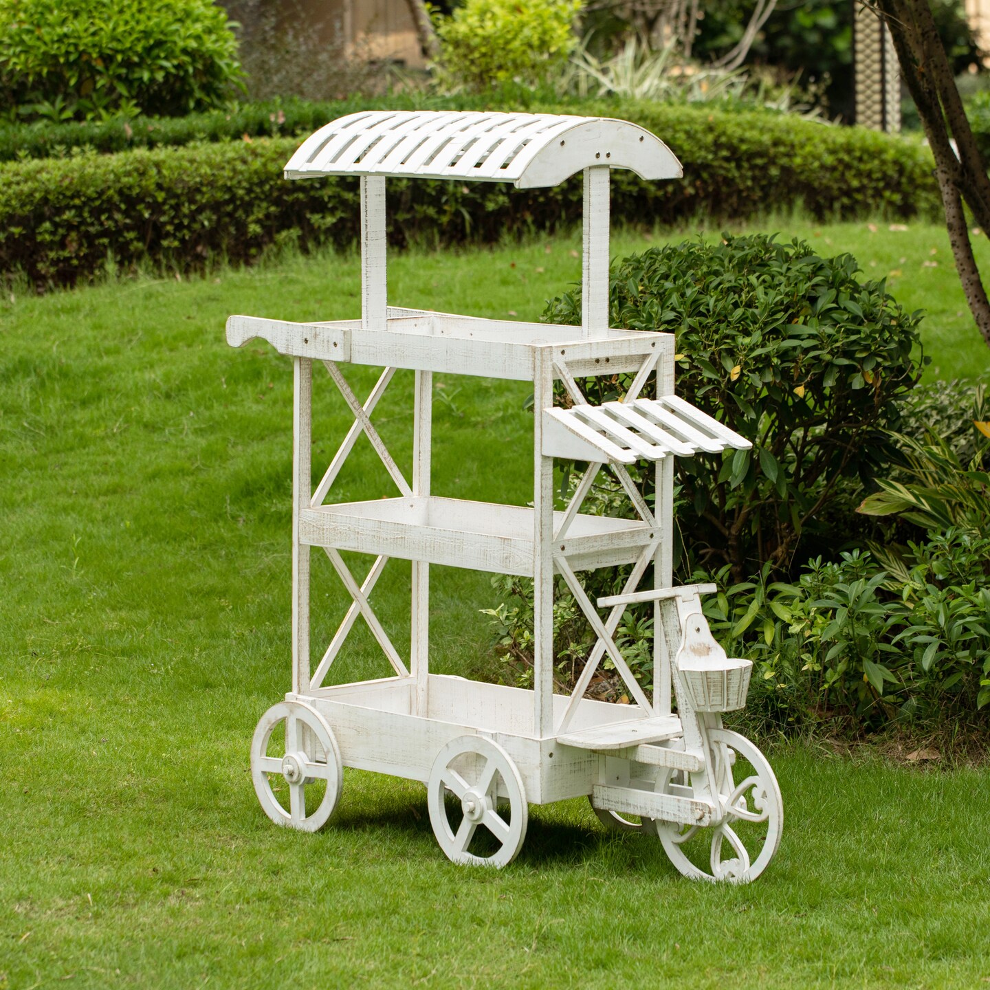 White Wood Decor Display Rack Mobile Food Cart with Wheels 3 Tier for Display, Wood Wagon with Shelves for Food and More