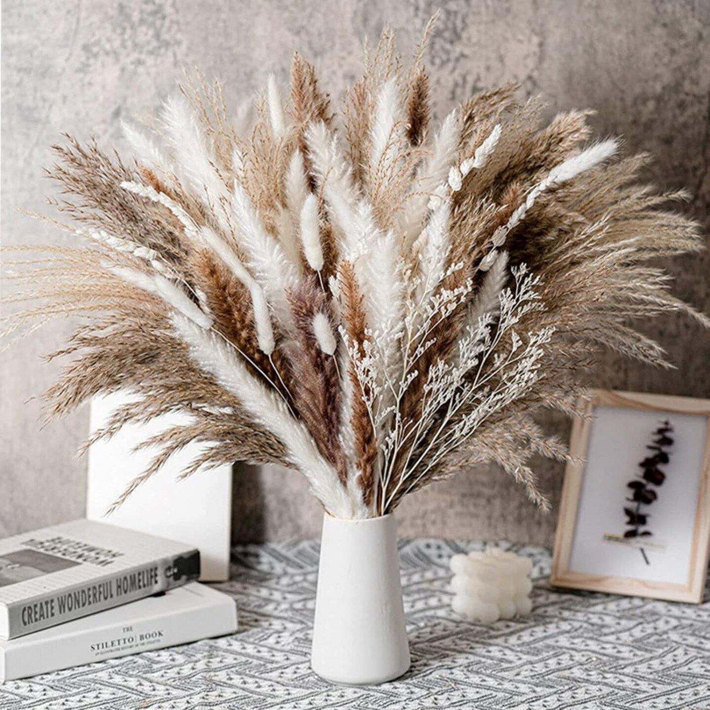 thumbnail image 2 of Natural Dried Flower Bouquet – Pampas Grass Bunch – 60 Stems, 17.7 Inches – Beige/Brown/White – Wedding Home Decor 2 of 4