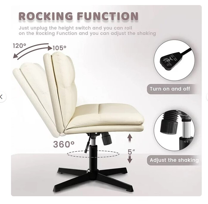 PU Leather Armless Desk Chair with No Wheels for Home Office, 120-Rocking Mid-Back Ergonomic Computer Task Chair for Makeup, Wide Padded Swivel Vanity Chair, and Small Space