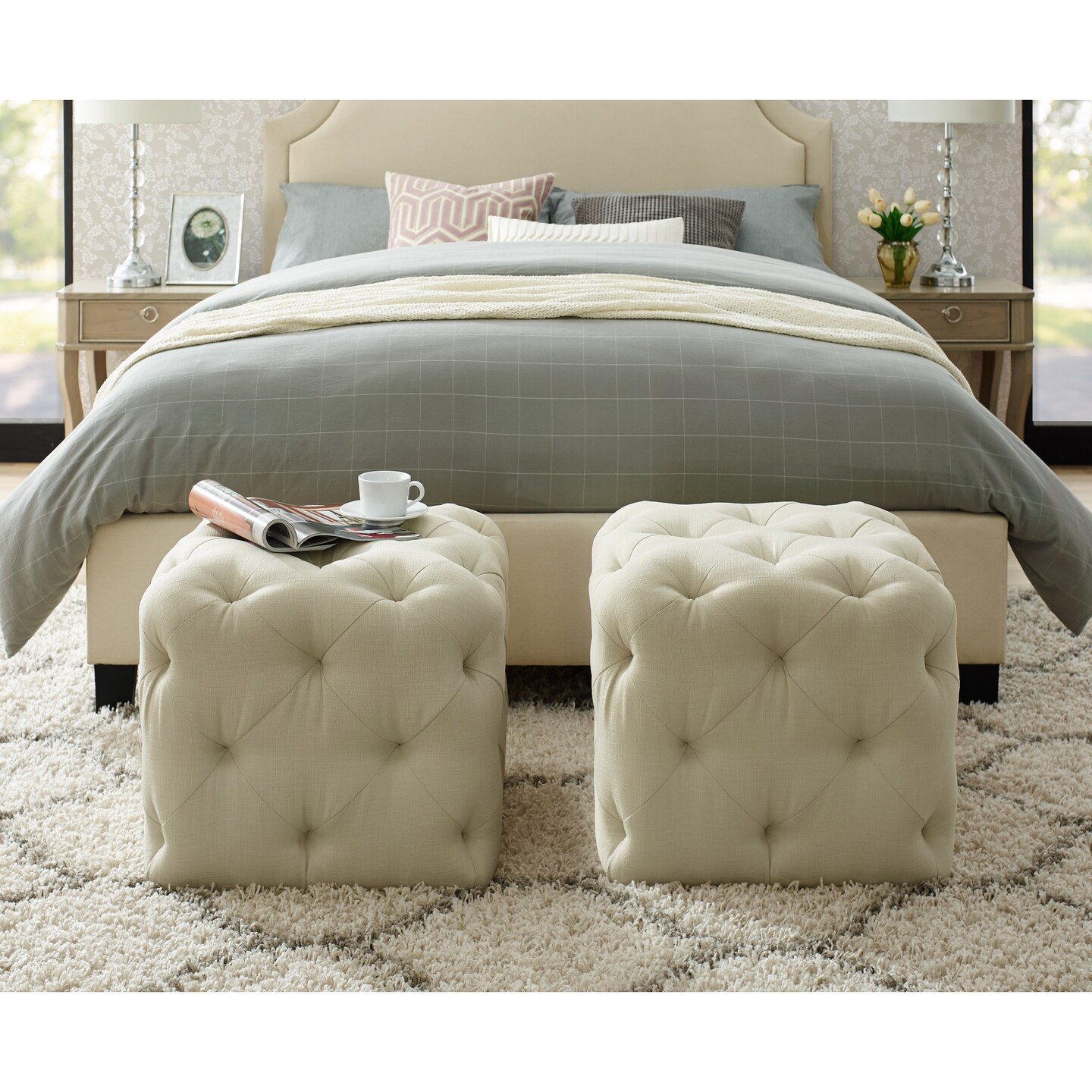 Genevieve Linen/Velvet Tufted Upholstered Cube Storage Ottoman, 1 Piece