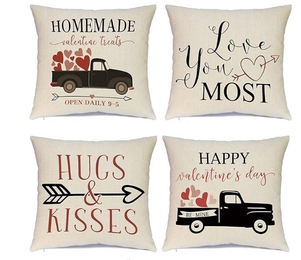 Set of 4 Valentine's Day Pillow Covers 20 x 20 Inches - Red Heart Truck Decor and Love Arrow Decor Throw Pillow Covers for Sofa Couch Cushion Cover